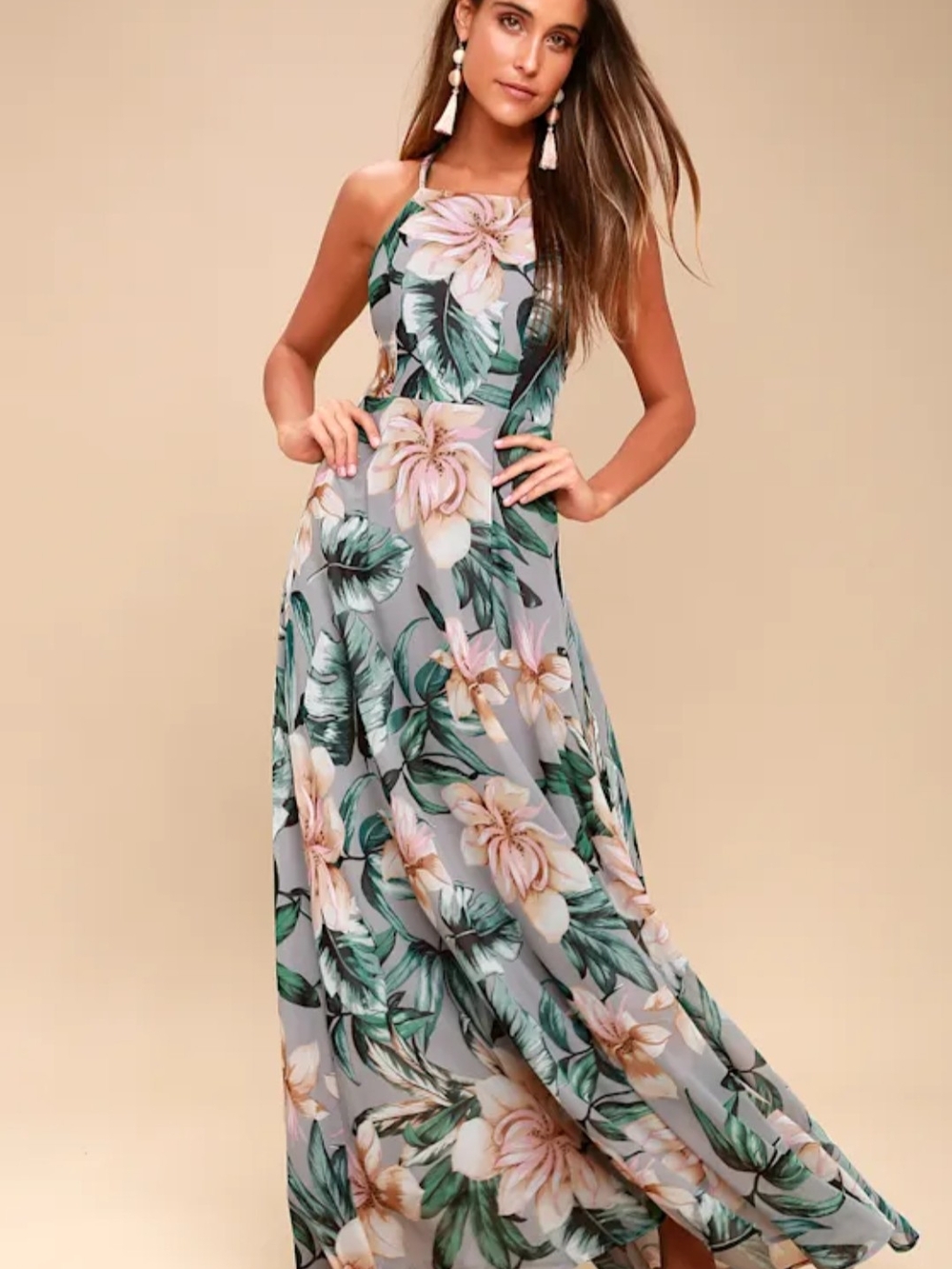 Love Abloom Grey Floral Print Lace-Up Maxi Dress Size S